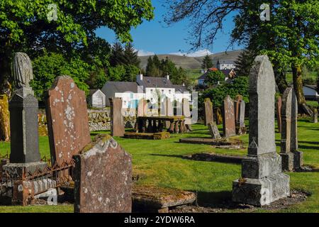 Der historische Friedhof in dieser ehemaligen Bergbausiedlung und zweithöchsten Dorf Schottlands, Leadhills, South Lanarkshire, Schottland, Vereinigtes Königreich Stockfoto