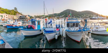 Blick auf Fischerboote in Porto d'Ischia bei Sonnenuntergang, Hafen von Ischia, Insel Ischia, Kampanien, Italien, Europa Stockfoto