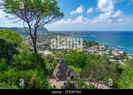 Blick auf die tropische Flora in den botanischen Gärten Giardini la Mortella und Forio im Hintergrund, Forio, Insel Ischia, Kampanien, Italien, Europa Stockfoto