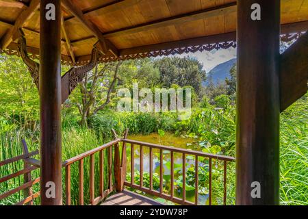 Blick auf Sala Thai in tropischer Flora in den botanischen Gärten Giardini la Mortella, Forio, Insel Ischia, Kampanien, Italien, Europa Stockfoto