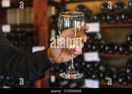 Ein Glas Weisswein auf einem Mann hand selektiven Fokus Nahaufnahme gegen Wein Flaschen auf Regale Regale, Weinproben weine Anzeige Hintergrund Stockfoto