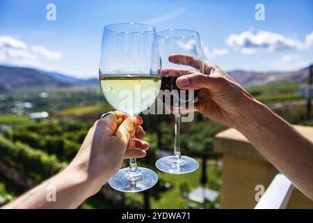 Fröhliche Hände, die Rot- und Weißweingläser von einer Terrasse des Weinguts vor der grünen Weinlandschaft im Okanagan Valley BC Canada anfeuern Stockfoto