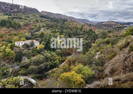 Blick auf den nationalen botanischen Garten von Georgien von der Festung Narikala, Tiflis Stockfoto