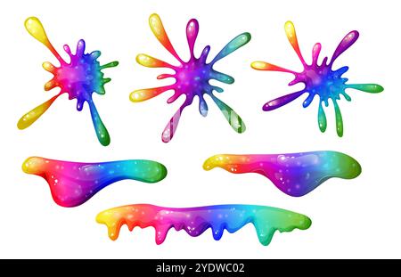 Tropfender Regenbogenschleim mit leuchtenden Farben. Rainbow Splash Kollektion auf transparentem Hintergrund. Ideal, um verspielt und giftig zu sein Stock Vektor