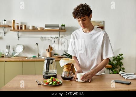 Ein gutaussehender junger Mann bereitet Kaffee in einer gemütlichen Küche zu und genießt den Moment mit einer warmen Tasse in der Hand. Stockfoto