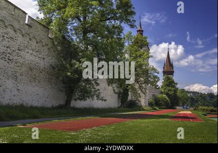 Musegalmauer, die gefeierte Stadtmauer mit ihren neun Türmen, ist Teil der historischen Festungsanlage um Luzern aus dem 13. Jahrhundert Stockfoto