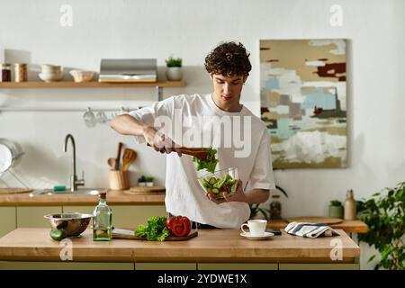 Ein hübscher junger Mann mit lockigen Haaren mischt geschickt einen lebendigen Salat und nimmt einen nahrhaften Lebensstil an. Stockfoto