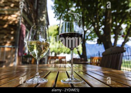 Zwei verschiedene Glasgrößen und Weine, Rot- und Weißweingläser auf Holzmöbeltisch aus nächster Nähe, Blick auf die Terrasse des Weinbergs Stockfoto