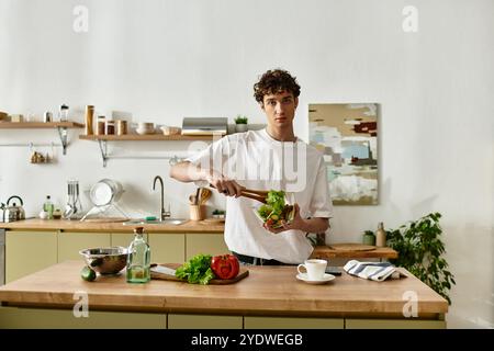 Ein junger Mann mit lockigen Haaren mischt geschickt frisches Gemüse in einer modernen Küche und pflegt ein gesundes Leben. Stockfoto