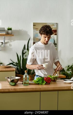 In einer hellen Küche mischt ein junger Mann mit lockigen Haaren frische Zutaten für einen gesunden Salat. Stockfoto