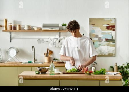 In einer stilvollen Küche bereitet ein gutaussehender junger Mann gekonnt einen lebendigen Salat zu, der ein gesundes Leben einnimmt. Stockfoto