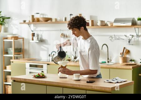 Der junge Mann gießt dampfenden Kaffee in eine Tasse, während er ein köstliches Frühstück in einer sonnigen Küche zubereitet. Stockfoto