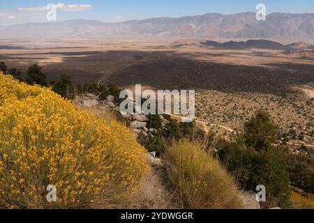 Ein atemberaubender Blick auf die Landschaft von der Fahrt nach Mount Whitney, Kalifornien, mit Blick auf das Owens Valley und die Mojave-Wüste. Stockfoto