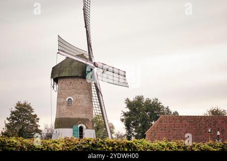 Die einzigartige niederländische Mühle namens „de Kilsdonkse Molen“ ist eine sogenannte „Watervluchtmolen“, eine kombinierte Wasser- und windbetriebene Mühle in Heeswijk-Dinther. Es war Re Stockfoto