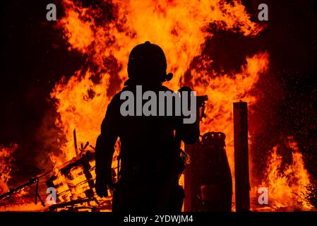 Rotes und grünes Feuerwerk im Nachthimmel Stockfoto