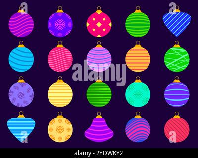 Weihnachtskugeln Icons Set. Weihnachtsdekoration, jedes Ornament ist mit Schneeflocken und Streifenmustern verziert. Weihnachtsdesign für Verpackungen, Abdeckungen, b Stock Vektor
