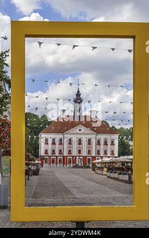 Das Rathaus von Tartu ist Sitz der Stadtverwaltung von Tartu, Estland. Es liegt am Rathausplatz, im Stadtzentrum. Ansicht durch den Rahmen Stockfoto