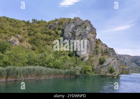 Felsen am Ufer des Flusses im Nationalpark Krka, Kroatien, Europa Stockfoto