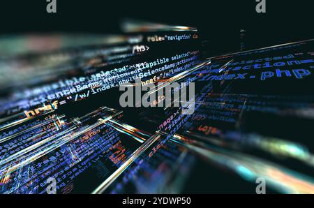 Skript und Quellcode für die Algorithmusentwicklung.3d Illustration.abstrakter Hintergrund der Programmiertechnik und Softwareentwicklung. Stockfoto