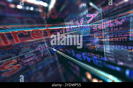 Skript und Quellcode für die Algorithmusentwicklung.3d Illustration.abstrakter Hintergrund der Programmiertechnik und Softwareentwicklung. Stockfoto
