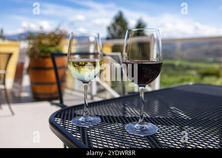 Ein paar Gläser weiß- und Rotwein auf dem Tisch in selektiver Fokussierung. Blick aus nächster Nähe auf die Terrasse mit grüner Weinbergslandschaft im Hintergrund Stockfoto