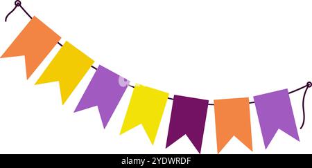 Halloween-Wimpelgirlande in traditionellen Weihnachtsfarben. Orangefarbene, gelbe und violette Fahnen auf der Schnur. Isolierte Vektor-Illustrationskarten, Poster, Broschüren, Banner, Grüße, Preis, Etikett oder Web-Aktion Stock Vektor