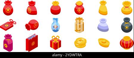 Chinesisches Glücksbeutel-Symbol-Set. Isometrien, die traditionelle Elemente des chinesischen Neujahrs darstellen, darunter Geldbeutel, Geschenke, Goldbarren, Münzen und Laternen Stock Vektor