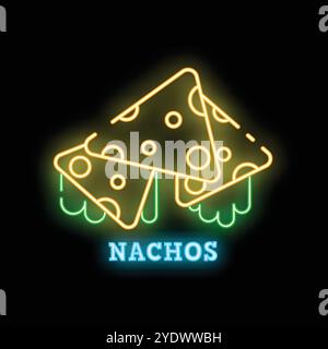 Helles Neonschild mit Nachos mit geschmolzenem Käse auf schwarzem Hintergrund Stock Vektor