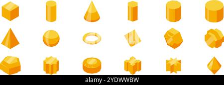 Goldene Polyedersymbole. Sammlung verschiedener dreidimensionaler geometrischer Figuren mit verschiedenen Formen in auffälligen Gelbtönen Stock Vektor