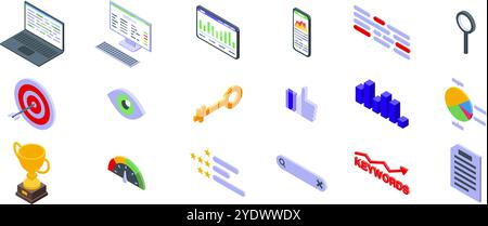 Symbole für die Rangliste von Schlüsselwörtern festgelegt. Isometrische Symbole, die verschiedene Aspekte der seo darstellen, einschließlich Targeting, Vision, Keyword-Forschung, Leistungsmessung, und Erfolg erzielen Stock Vektor