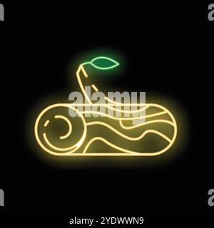 Leuchtende Neonlinie Holzstamm-Symbol isoliert auf schwarzem Hintergrund, das ein Stück gehacktes Holz mit einem grünen Blatt zeigt Stock Vektor