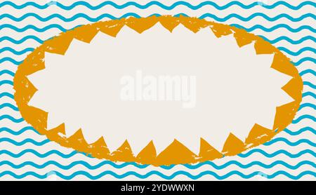 Ovale Form mit abgerissenen Zickzack-Kanten. Sternrahmen im Grunge-Stil mit geriffeltem Rand. Runder Aufkleber mit rauen Kanten auf blauem welligen Musterkurs Stock Vektor