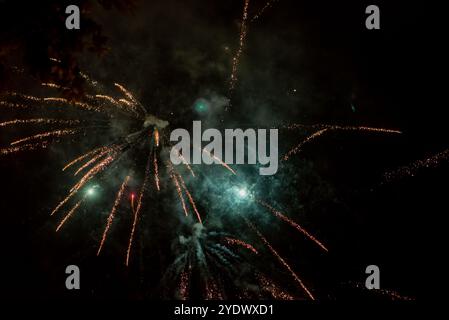 Lebendiges Goldfeuerwerk, Das Gegen Den Nachthimmel Stürzt Stockfoto