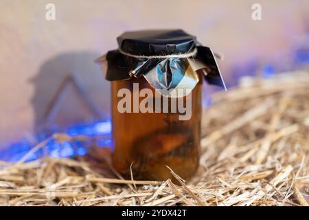 Ein Gefäß mit konservierten Exemplaren sitzt auf einem Strohbett, beleuchtet von sanfter Beleuchtung, die die akribische Handwerkskunst und den wissenschaftlichen Zweck der Entstehung unterstreicht. Alchemie-Konzept. Stockfoto
