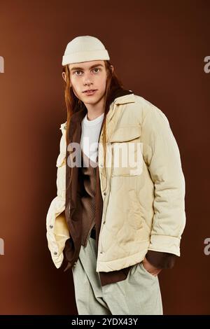 Ein Teenager mit roten Haaren steht selbstbewusst in trendiger Winterkleidung vor warmer Kulisse. Stockfoto