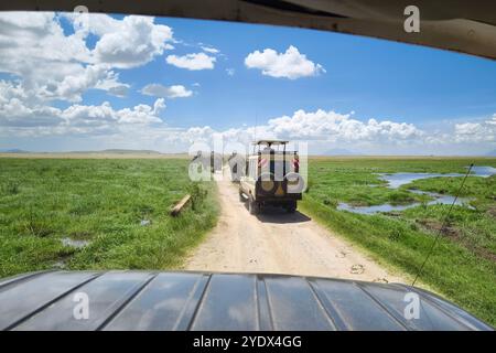 Touristen in Safari-Jeeps beobachten und fotografieren große wilde Elefanten, die die Schotterstraße im Amboseli-Nationalpark, Kenia, überqueren. Stockfoto