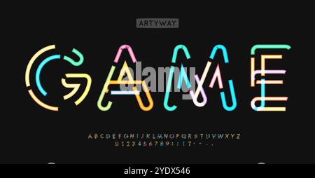 Neon-Cyber-Schriftart, helle gestrichelte Buchstaben, Y2K-Arcade-Stil, leuchtende digitale Typografie, lebendige Unterhaltungs-Schriftart für digitales Gaming und Stock Vektor