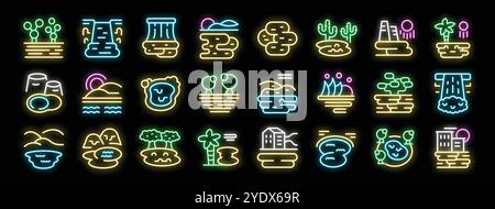 Leuchtende Neonsymbole, die verschiedene Landschaften darstellen, von Wüstenszenen mit Kakteen bis hin zu urbanen Umgebungen mit Gebäuden, die die Schönheit der Natur und die menschliche Entwicklung hervorheben Stock Vektor