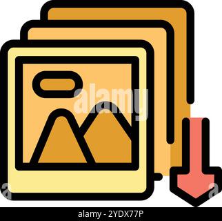Der rote Abwärtspfeil zeigt an, dass ein Fotoalbum mit Landschaftsbildern aktiv heruntergeladen wird Stock Vektor