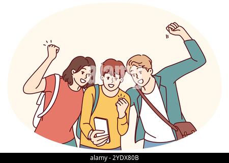 Die Schüler sind mit dem Telefon überglücklich, wenn sie SMS-Benachrichtigungen über die Absage von Kursen an einer Hochschule oder Universität erhalten. Glückliche Schüler feiern die Freude, Noten für die Prüfung per Telefon zu überprüfen Stock Vektor