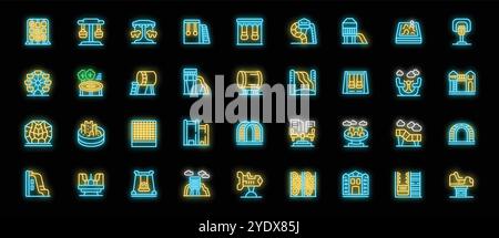 Neonsymbole, die verschiedene Attraktionen in Vergnügungsparks und Spielplätzen darstellen, symbolisieren Freizeit und Erholung Stock Vektor