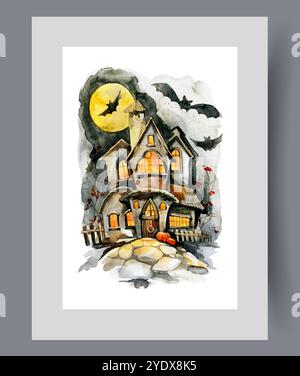 Schloss mit Geistern in der Nacht der Halloween-Feierlichkeiten Oktober 31 auf Druck. Aquarellgrafik Stock Vektor