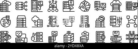 Dedizierte Server-Symbole festgelegt. Server, die Daten verarbeiten, symbolisieren Cloud-Computing, Datenspeicherung und globale Netzwerkkonnektivität Stock Vektor