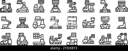 Symbolsatz für Hubplattform-Korb. Sammlung von Hebebühnen-Lkw, die ausfahren und anheben, mit verschiedenen Modellen für Bau, Wartung und verschiedene Aufgaben Stock Vektor