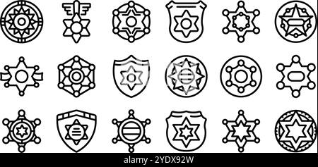 Sheriff-Abzeichen-Symbole gesetzt. Sammlung von Sheriff-Star-Ikonen für Strafverfolgung, Autorität und Justiz Stock Vektor