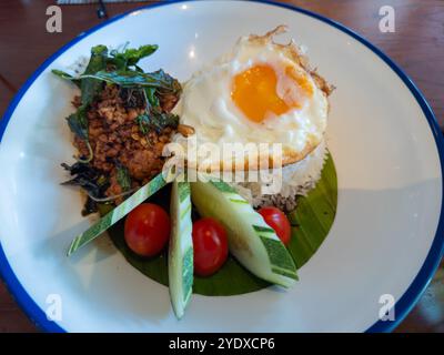 Thailändischer weißer Reis mit Spiegelei und gebratenem Huhn mit Basilikumblättern serviert auf einem Teller mit Gurkenscheiben und Kirschtomaten Stockfoto