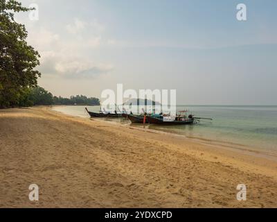 Traditionelle Langschwanzboote, die an einem hellen Sommermorgen am tropischen Klong muang Strand in der Provinz Krabi in Thailand vor Anker gehen. Stockfoto