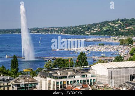 Blick auf den Jet d’Eau oder La Rade Brunnen und das Stadtzentrum entlang des Genfer Sees in Genf, Schweiz. Der ursprünglich 1886 errichtete Brunnen ist der höchste Wasserstrahl der Welt und kann von der ganzen Stadt aus gesehen werden. Stockfoto