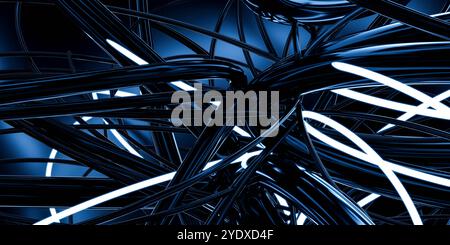 Abstraktes digitales Kunstwerk mit verschränkten schwarzen und weißen Linien auf blauem Hintergrund. Stockfoto