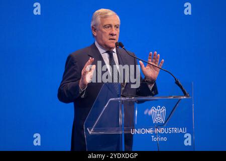 Torino, Italien. Oktober 2024. Antonio Tajani, Vicepremier e ministro degli Esteri, partecipa all'assemblea pubblica Unione Industriali Torino a Torino, Italia - Lunedì, 28 Ottobre 2024 - Cronaca - ( Foto Andrea Alfano/LaPresse ) Antonio Tajani, italienischer Vizepremier und Außenminister, nehmen an der öffentlichen Versammlung der Unione Industriali Torino in Turin, Italien Teil - Montag, 28. Oktober 2024 - News - News - ( Foto Andrea Alfano Live/Lafano Presse ) Stockfoto